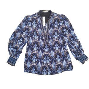 New!‎ Alice + Olivia Silk Blouson Sleeve Blouse Womens S Blue Urban Medallion